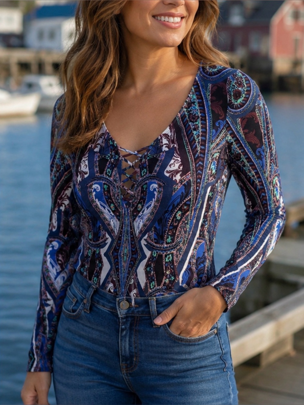 Free People Intimately Blue Paisley Lace-Up V-Neck Long Sleeve Bodysuit Small